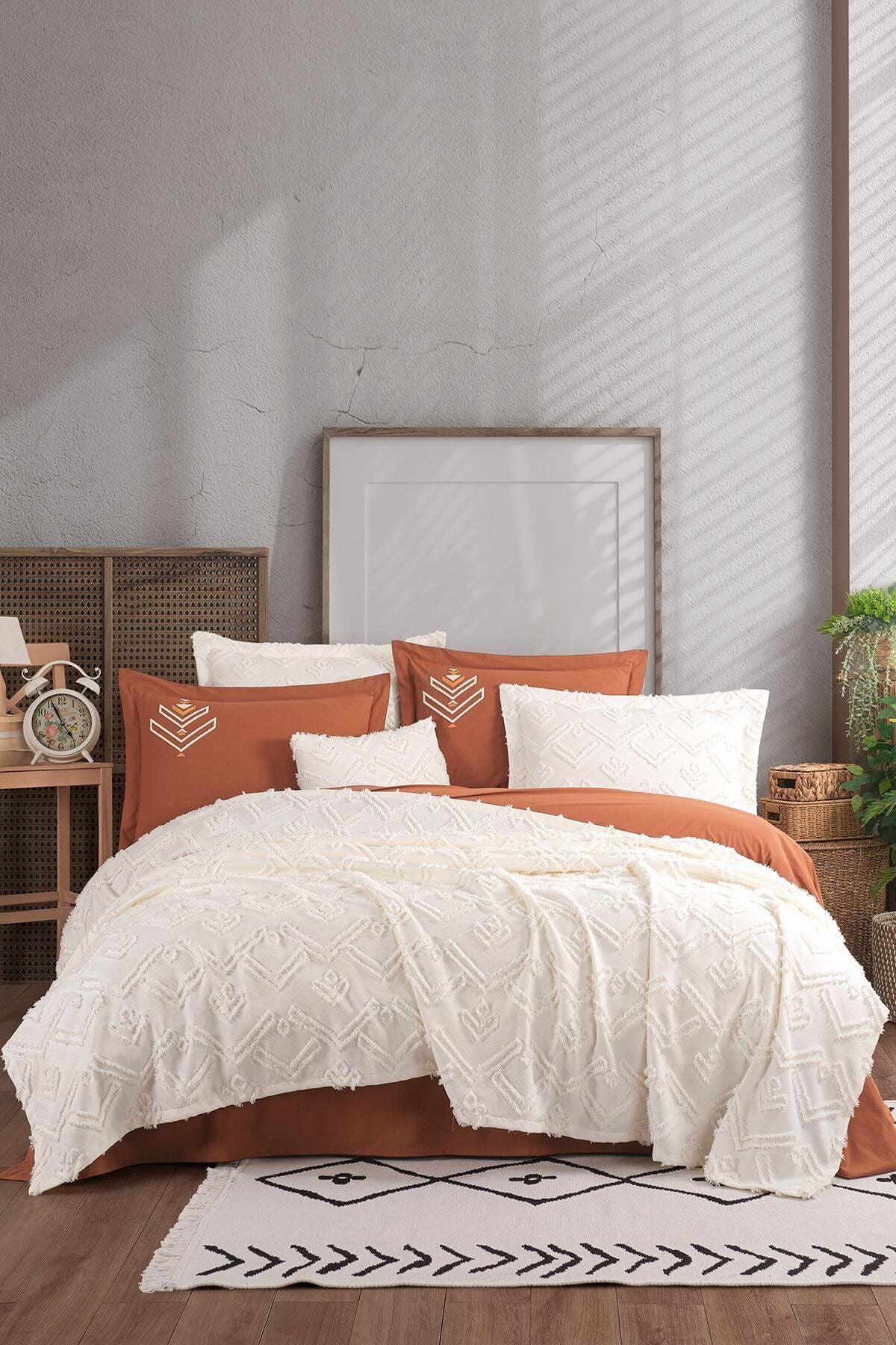 AZTEC ÇİFT KİŞİLİK YATAK ÖRTÜSÜ SETİ - KREM