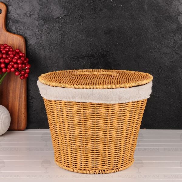 YUVARLAK KAPAKLI RATTAN BEZLİ SEPET (9T02)