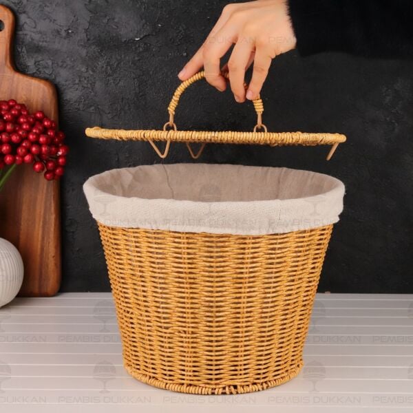 YUVARLAK KAPAKLI RATTAN BEZLİ SEPET (9T02)
