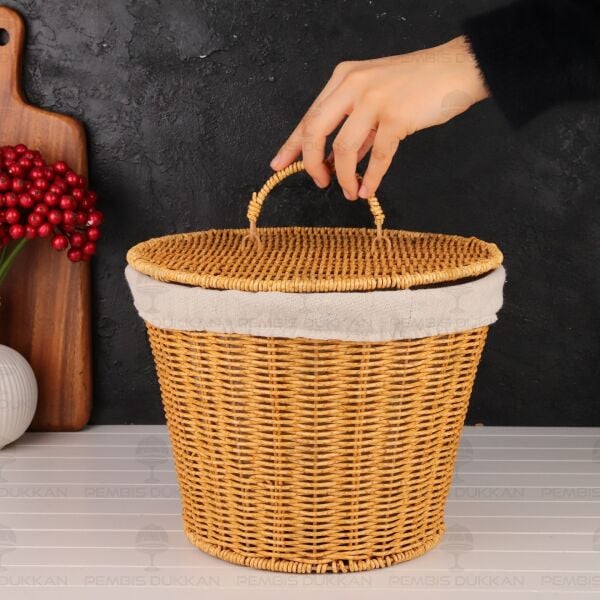 YUVARLAK KAPAKLI RATTAN BEZLİ SEPET (9T02)