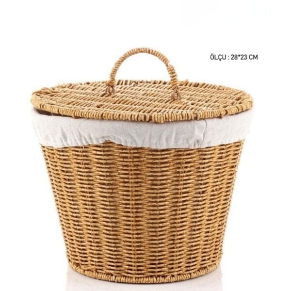 YUVARLAK KAPAKLI RATTAN BEZLİ SEPET (9T02)
