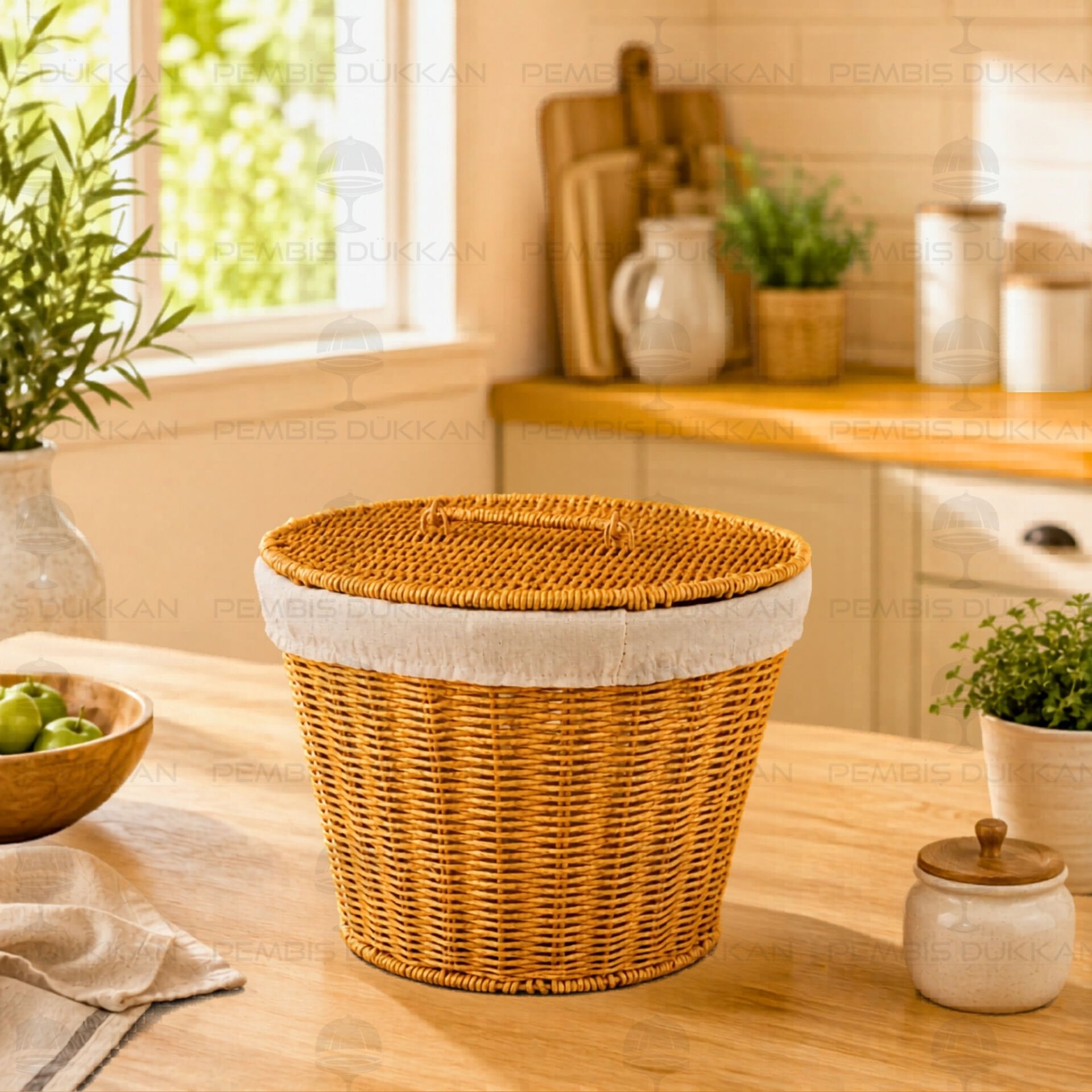 YUVARLAK KAPAKLI RATTAN BEZLİ SEPET (9T02)