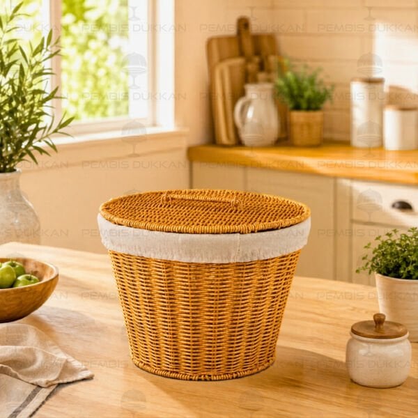 YUVARLAK KAPAKLI RATTAN BEZLİ SEPET (9T02)