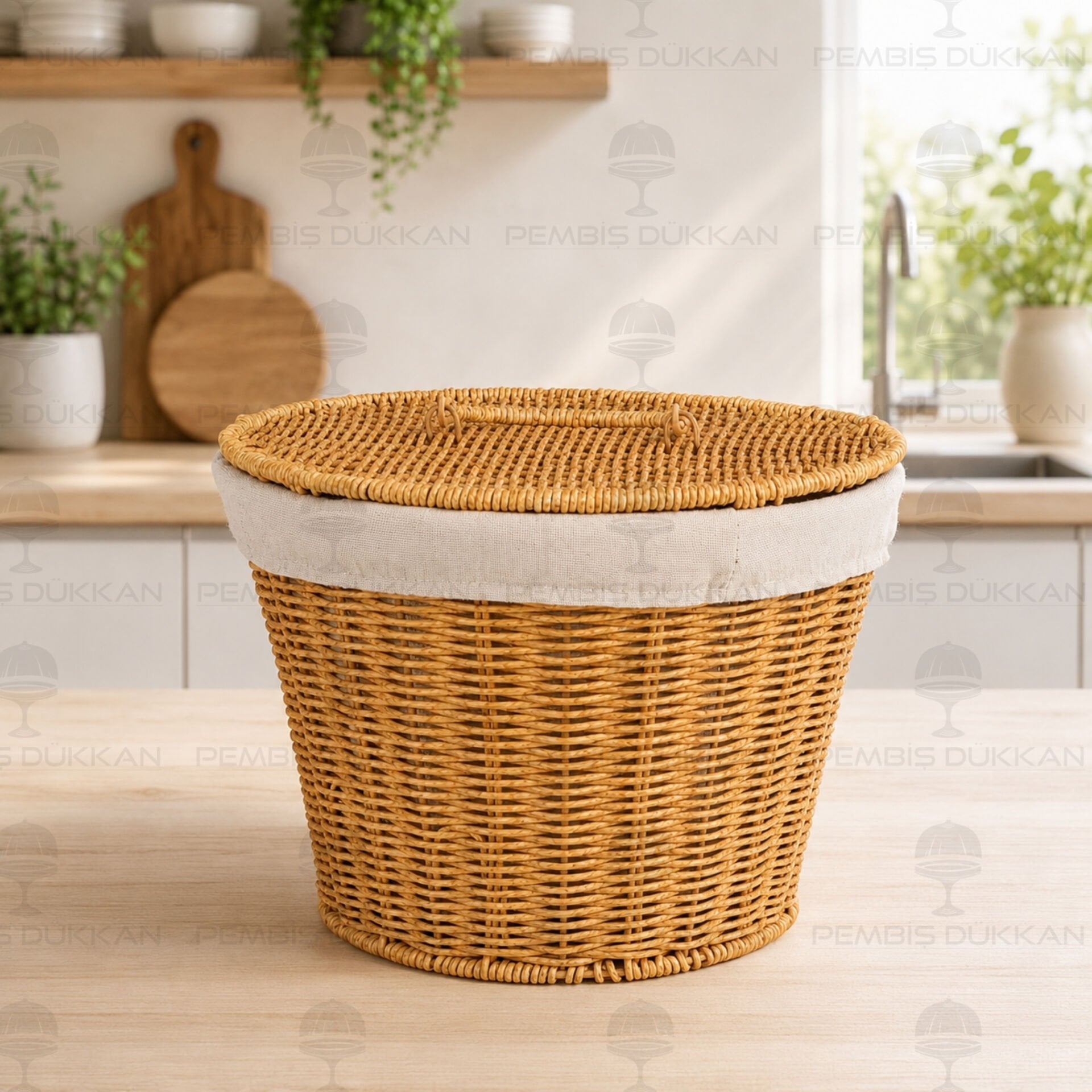 Yuvarlak Kapaklı Rattan Bezli Sepet (9t02)