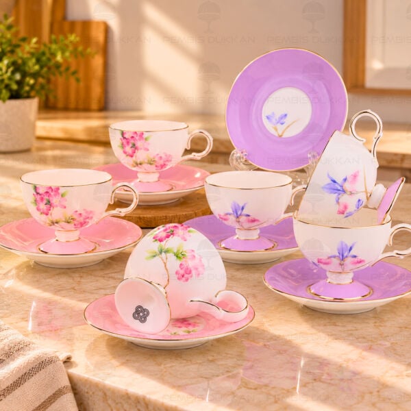 Mor-Pembe Royal Charme-Veronıca 6 Kişilik Kahve Fincan Takımı (Roy-0105-Roy-0103)