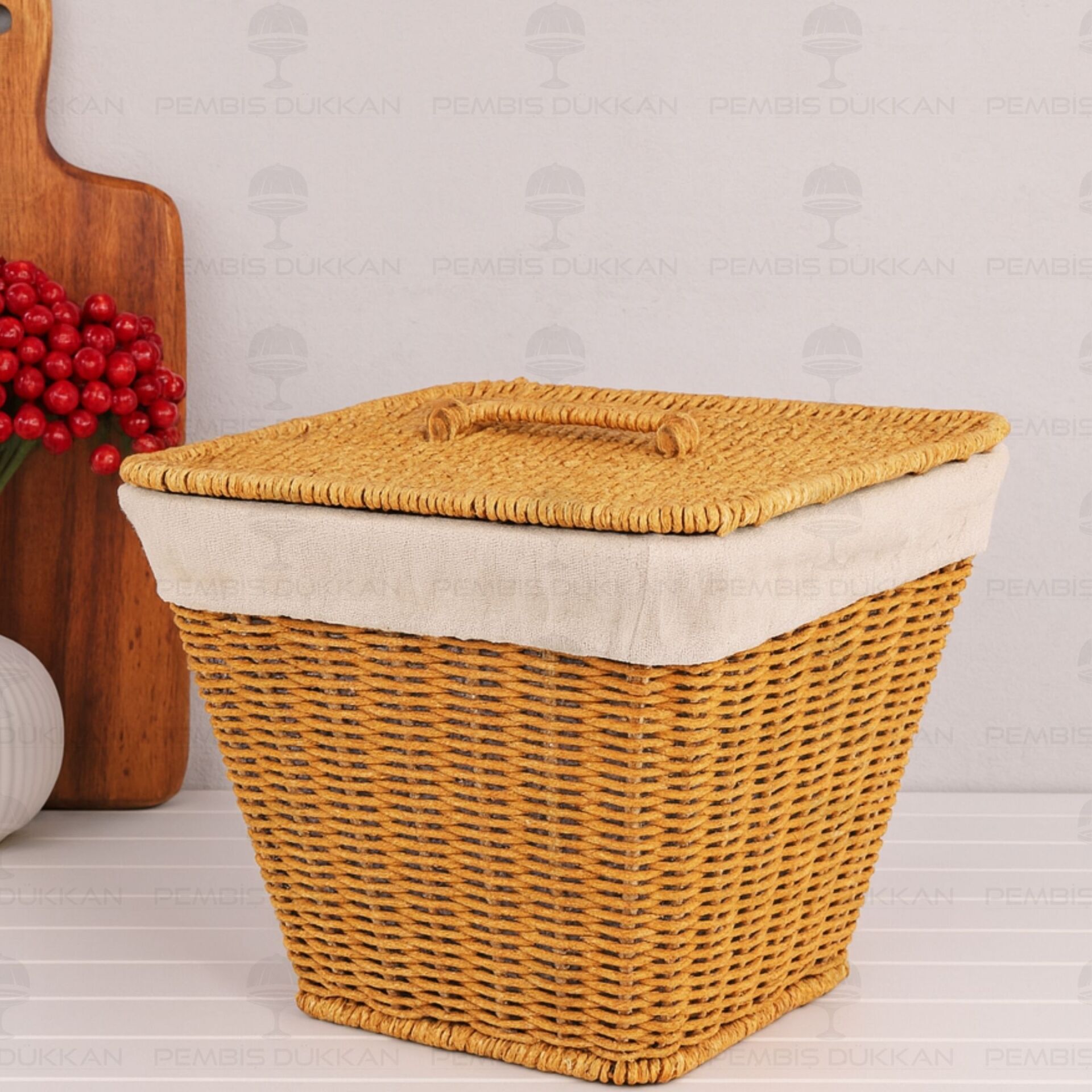 KARE KAPAKLI RATTAN BEZLİ SEPET (9T01)