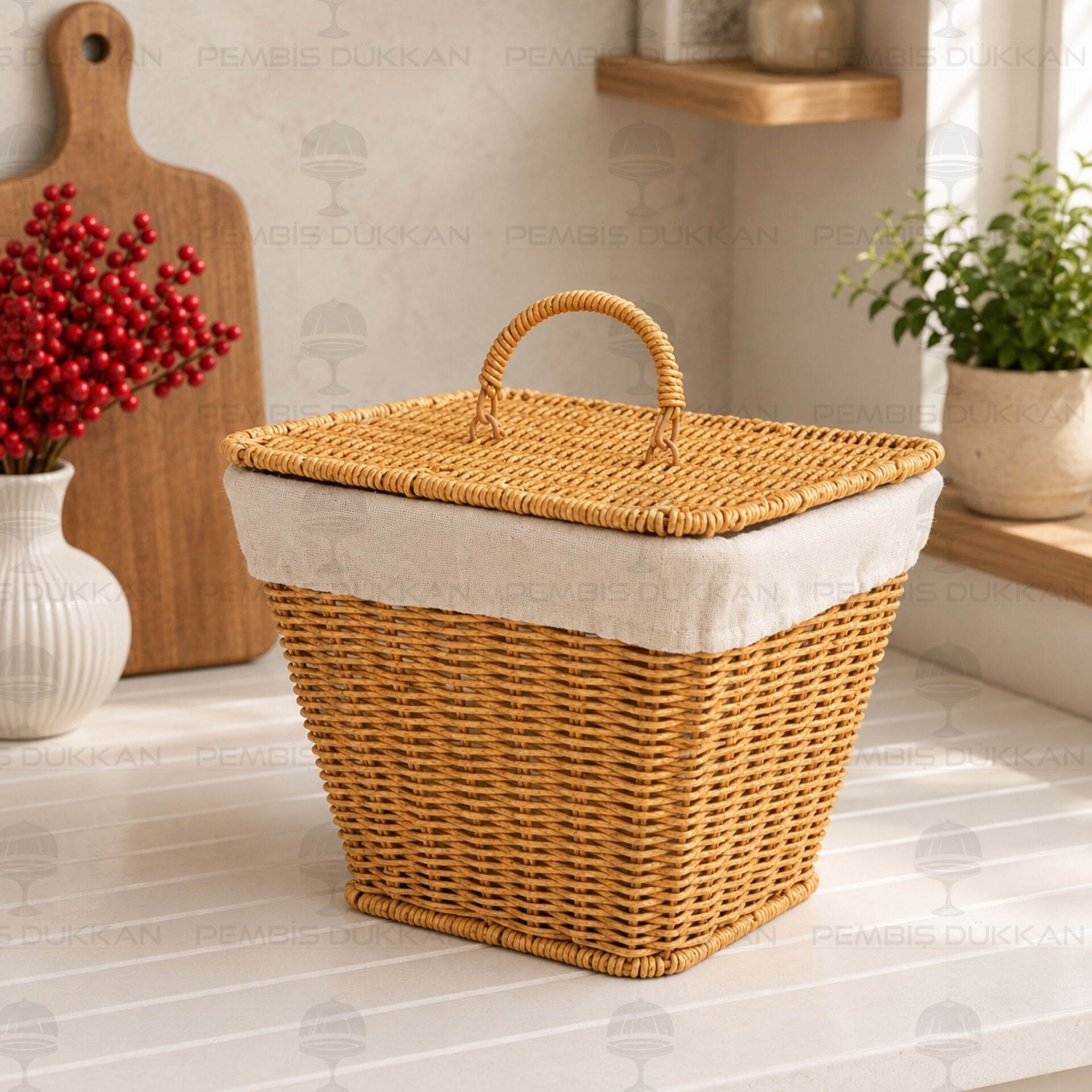 KARE KAPAKLI RATTAN BEZLİ SEPET (9T01)