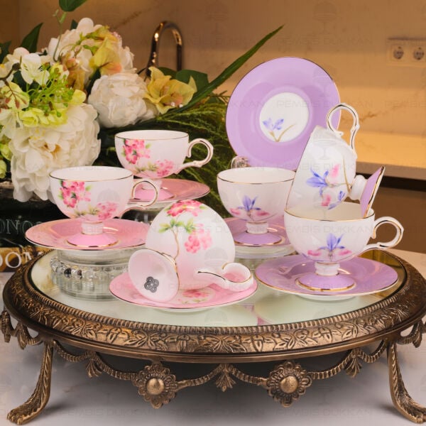 Mor-Pembe Royal Charme-Veronıca 6 Kişilik Kahve Fincan Takımı (Roy-0105-Roy-0103)