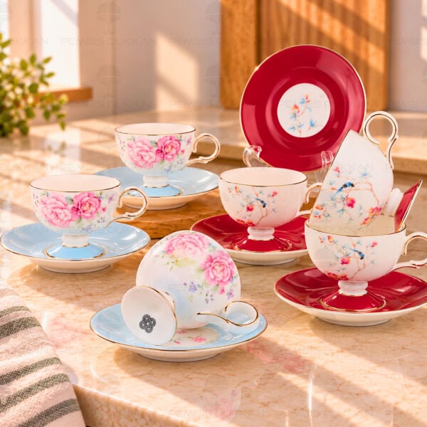 Kırmızı- Mavi Royal Charme-Veronıca 6 Kişilik Kahve Fincan Takımı (Roy-0107-Roy-0106)
