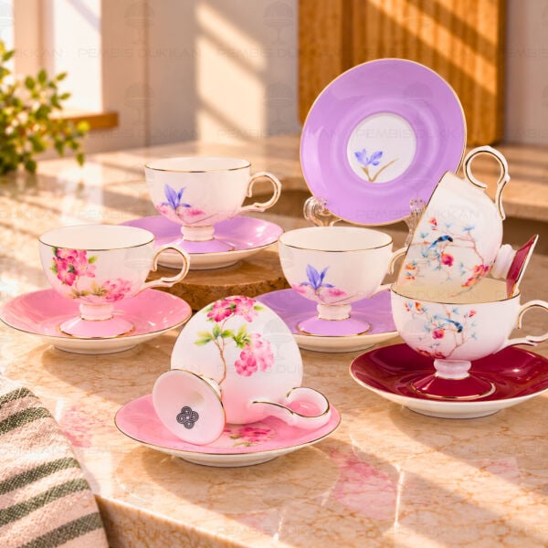 Kırmızı-Pembe-Lila Royal Charme-Veronıca 6 Kişilik Kahve Fincan Takımı (Roy-0107-0105-0103)