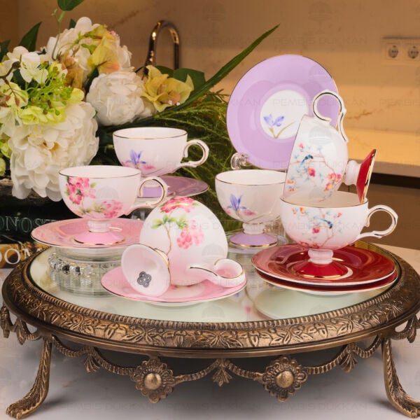 Kırmızı-Pembe-Lila Royal Charme-Veronıca 6 Kişilik Kahve Fincan Takımı (Roy-0107-0105-0103)