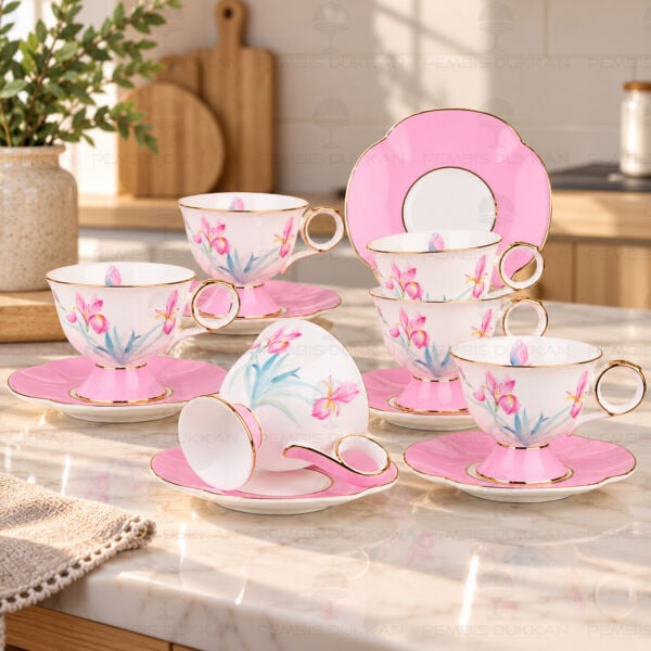Lilyum 6 Kişilik Pembe Kahve Fincan Takımı
