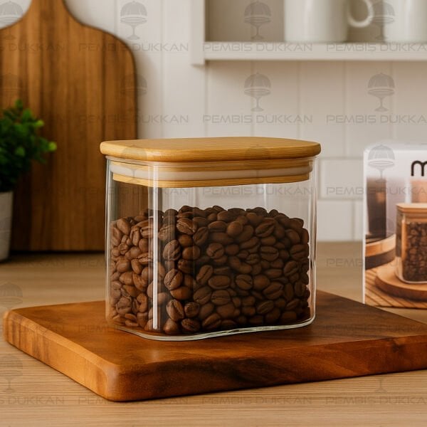 DİKDÖRTGEN 650ML BAMBU KAPAKLI KAVANOZ (1361)