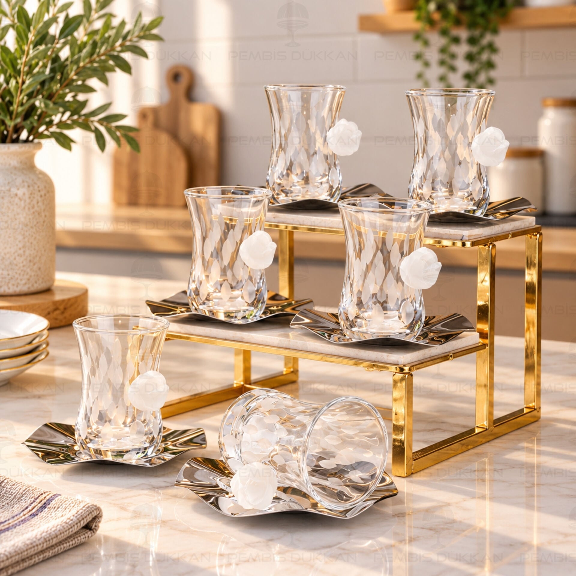 Kristal Beyaz Gül 6 Kişilik 12 Parça Çay Seti (P281.144828)