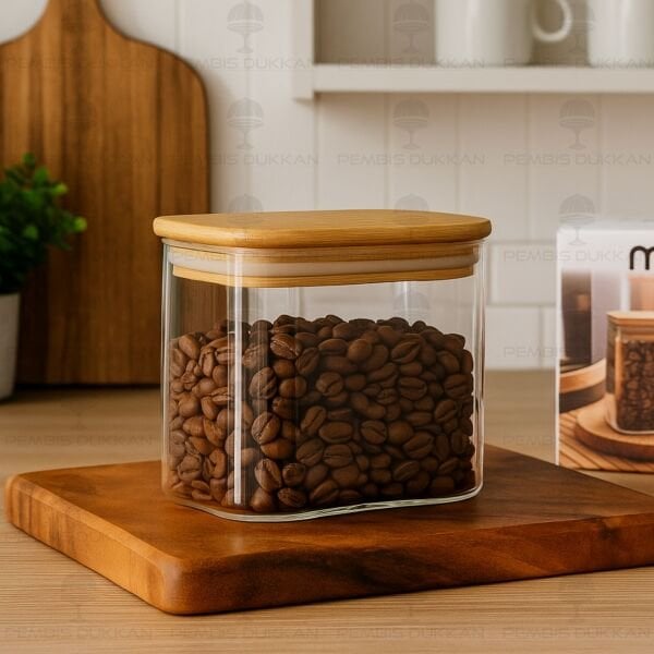 DİKDÖRTGEN 650ML BAMBU KAPAKLI KAVANOZ (1361)