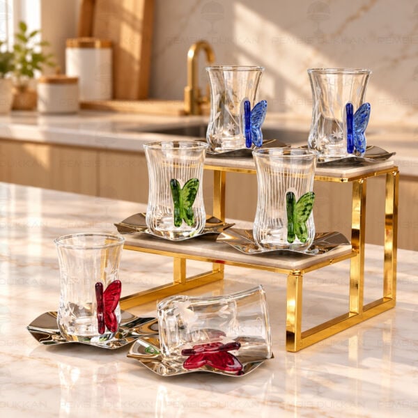 Asorti Kelebek Kulplu 6 Kişilik 12 Parça Çay Seti (P281.144811)