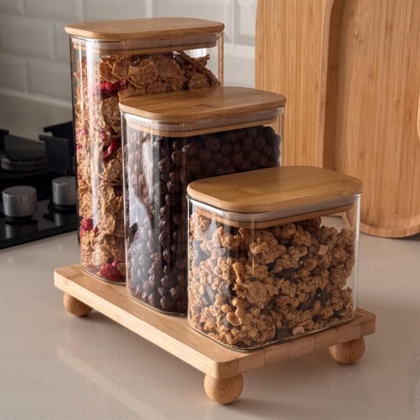 BAMBU KAPAKLI DİKDÖRTĞEN KAVANOZ & TOP AYAKLI KOMBİN SET