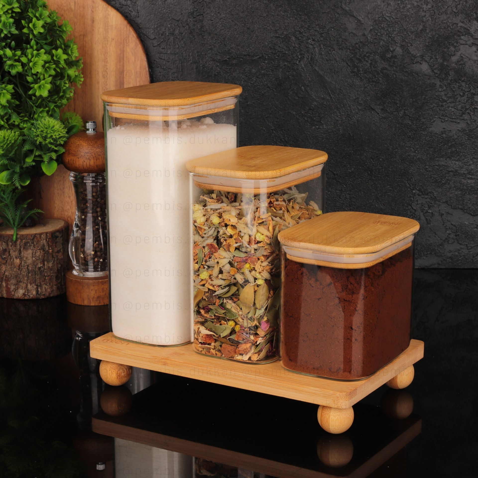 BAMBU KAPAKLI DİKDÖRTĞEN KAVANOZ & TOP AYAKLI KOMBİN SET
