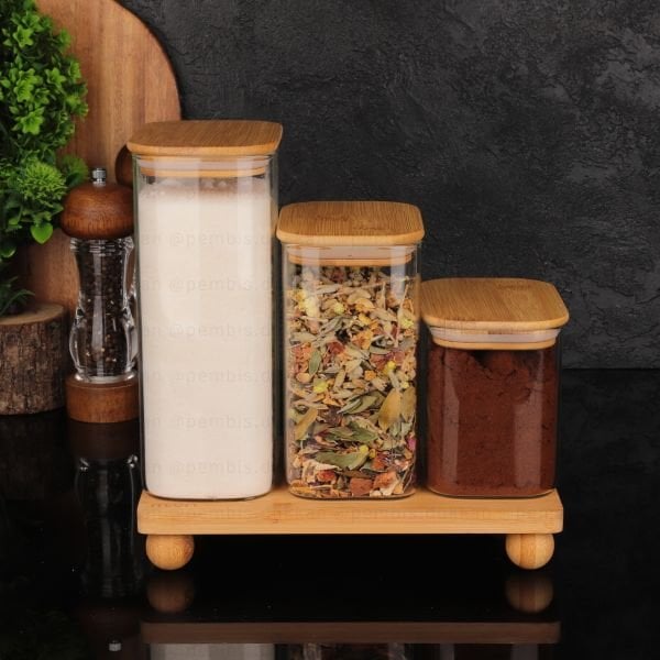 BAMBU KAPAKLI DİKDÖRTĞEN KAVANOZ & TOP AYAKLI KOMBİN SET