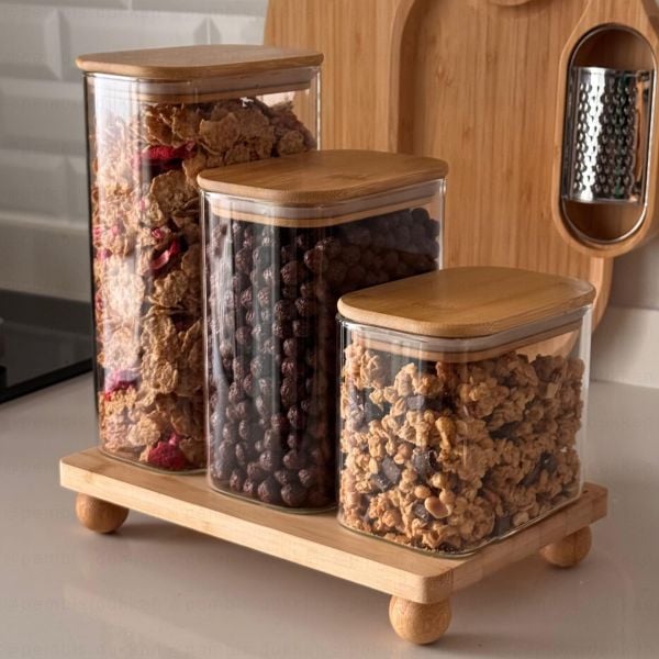 BAMBU KAPAKLI DİKDÖRTĞEN KAVANOZ & TOP AYAKLI KOMBİN SET
