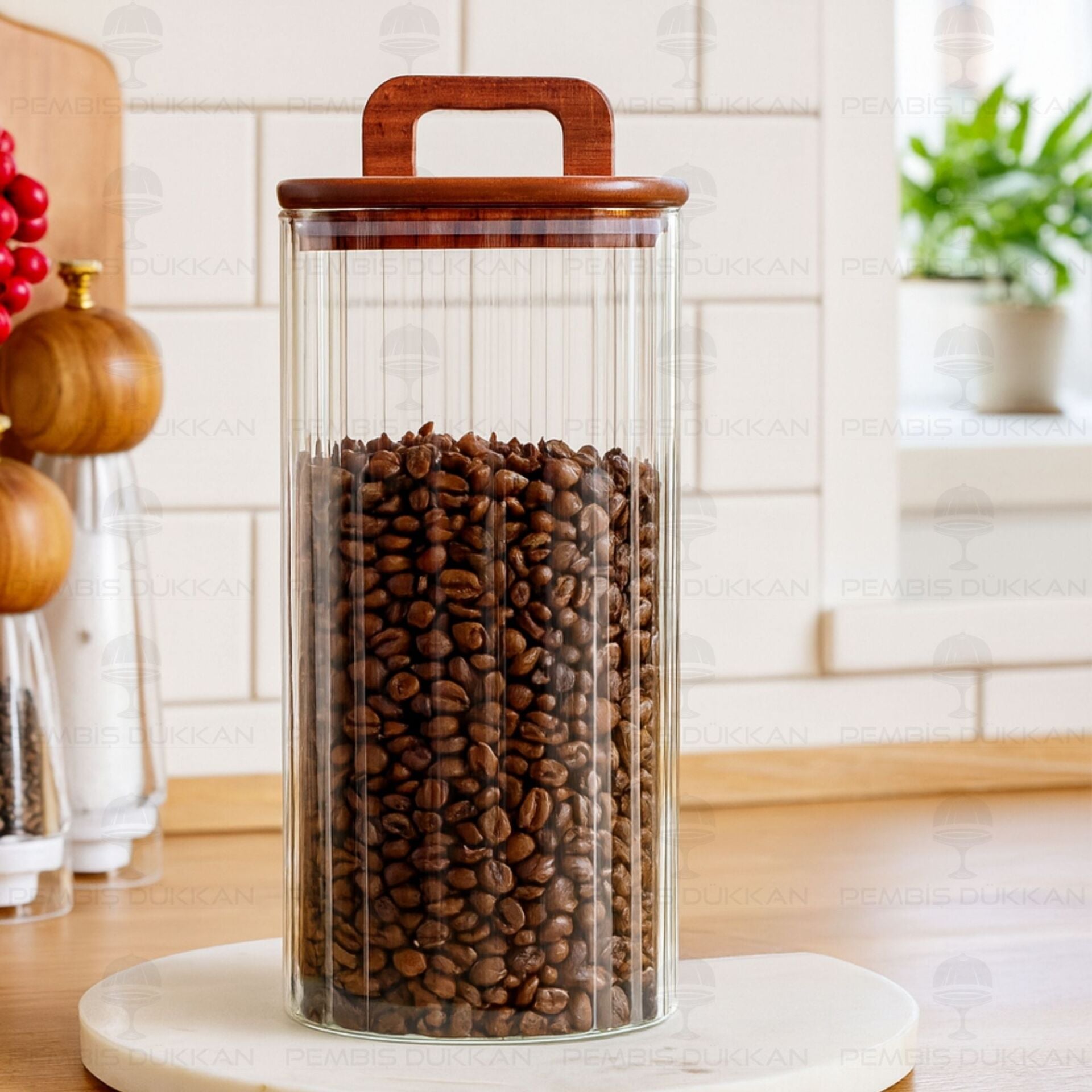 Kare Emilla 1850ml Akasya Kapaklı, Çizgili Kavanoz (Bor 092)