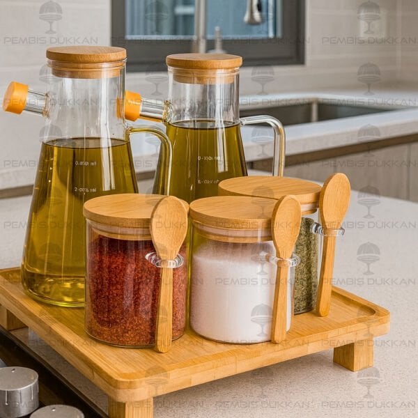 BAMBU YAĞDANLIK PAÇİ & KAŞIKLI KAVANOZ KOMBİN SET NO1