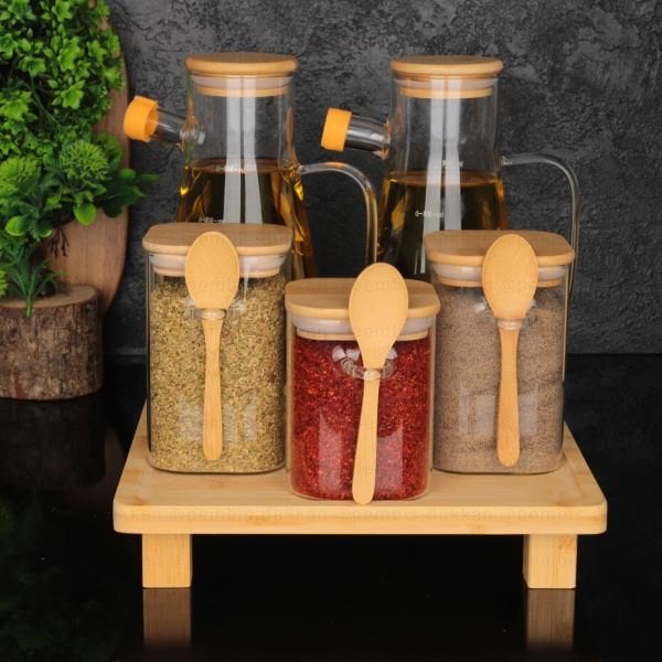 BAMBU YAĞDANLIK & KAŞIKLI KAVANOZ KOMBİN SET NO2
