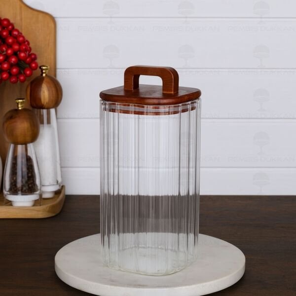 Kare Emilla 1500ml Akasya Kapaklı, Çizgili Kavanoz (Bor 091)