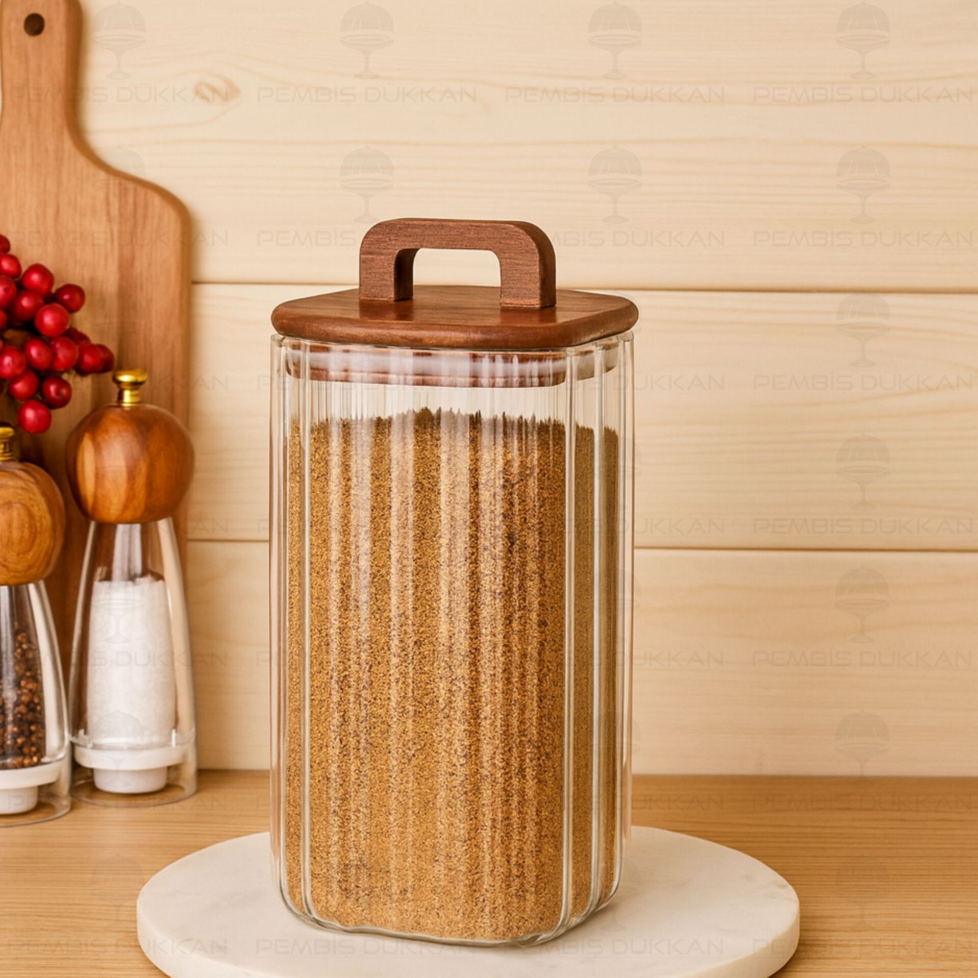 Kare Emilla 1500ml Akasya Kapaklı, Çizgili Kavanoz (Bor 091)