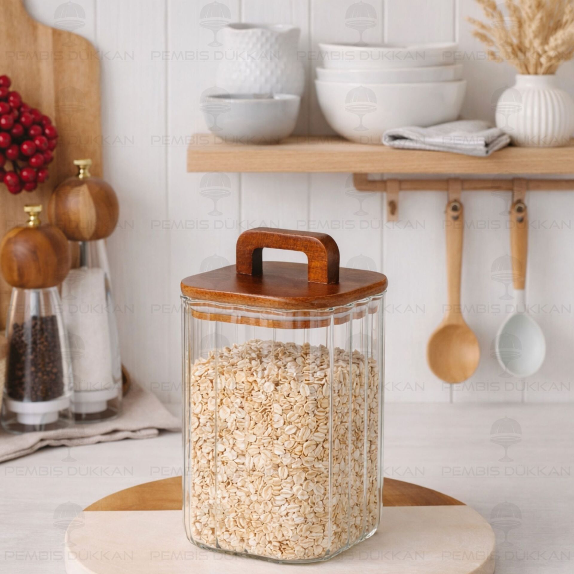 Kare Emilla 1100ml Akasya Kapaklı, Çizgili Kavanoz (Bor 090)