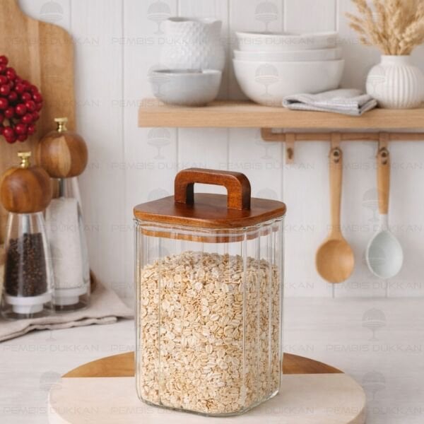 Kare Emilla 1100ml Akasya Kapaklı, Çizgili Kavanoz (Bor 090)