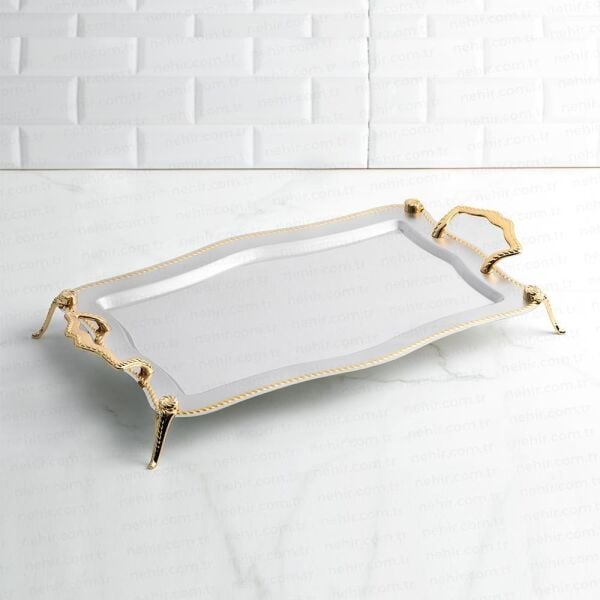 NEHİR ZİNCİR AYAKLI ALTIN ÇELİK ÇAY TEPSİ