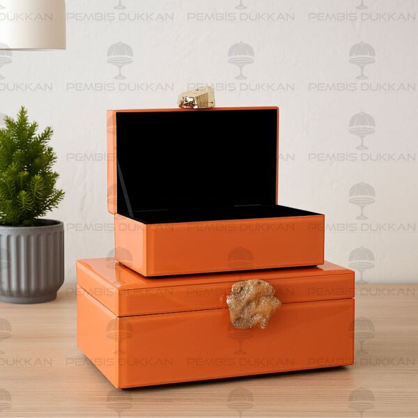 DOĞAL TAŞ KULPLU 2'Lİ MÜCEVHER KUTUSU TURUNCU (3772)