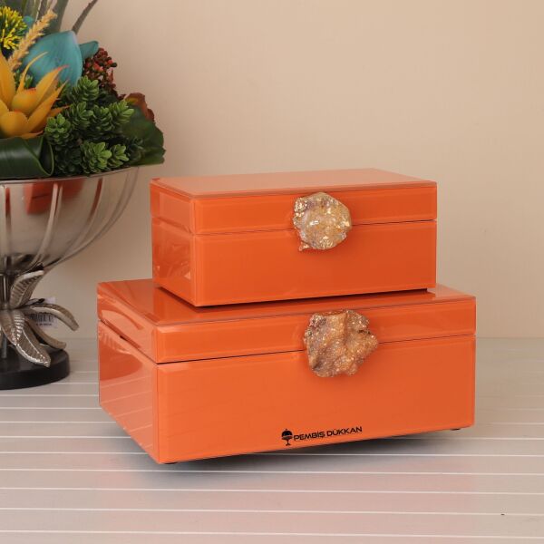 DOĞAL TAŞ KULPLU 2Lİ MÜCEVHER KUTUSU TURUNCU (3772)