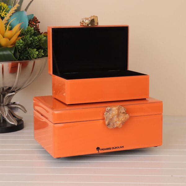 DOĞAL TAŞ KULPLU 2'Lİ MÜCEVHER KUTUSU TURUNCU (3772)