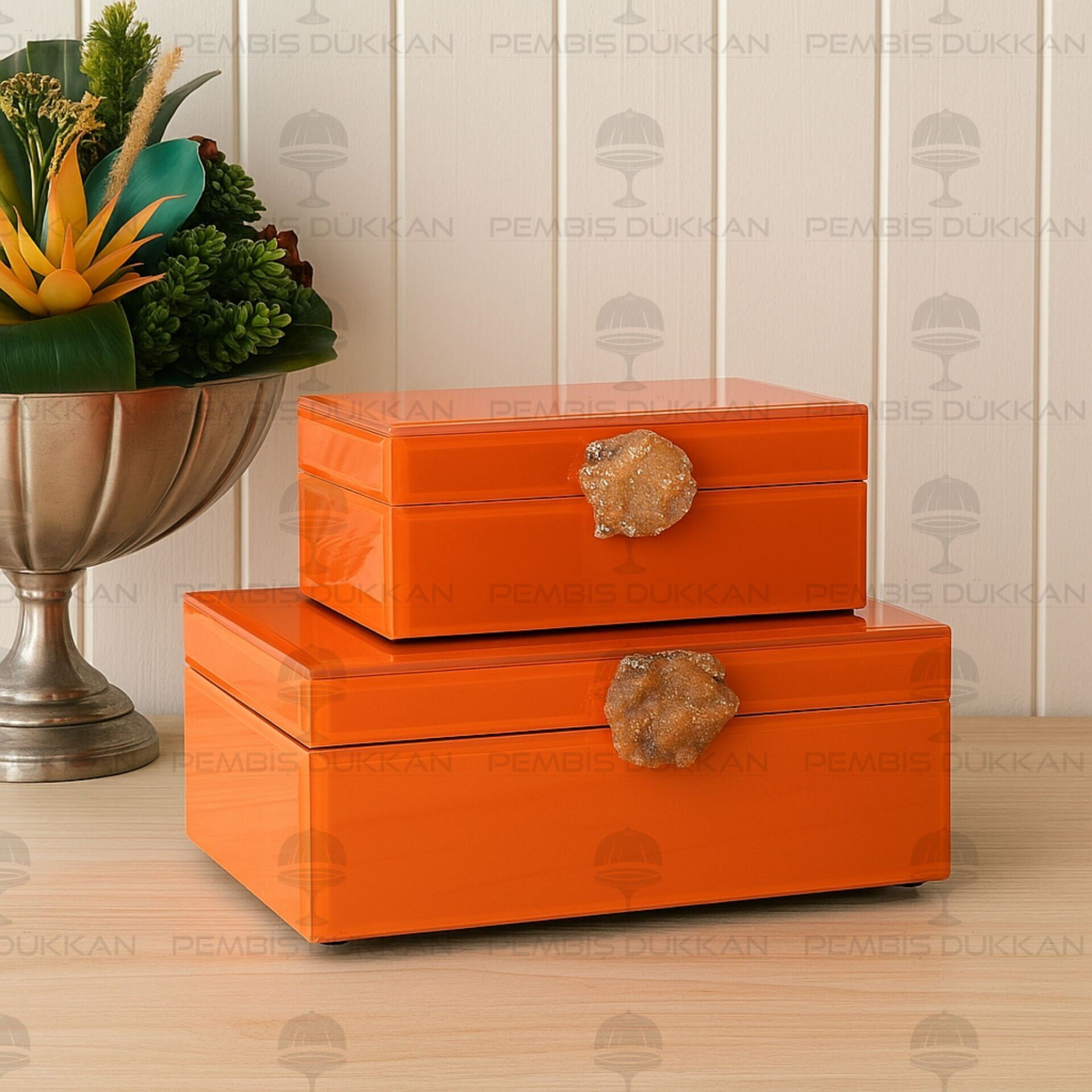 DOĞAL TAŞ KULPLU 2'Lİ MÜCEVHER KUTUSU TURUNCU (3772)