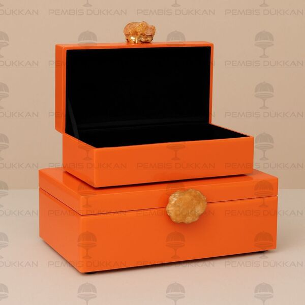 DOĞAL TAŞ KULPLU 2'Lİ MÜCEVHER KUTUSU TURUNCU (3772)