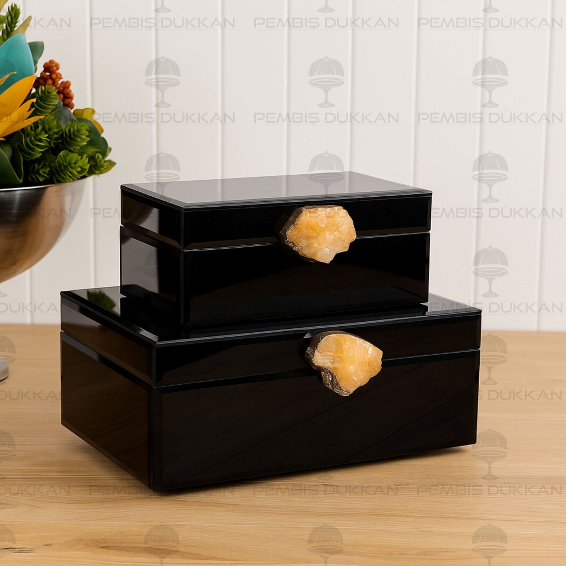 DOĞAL TAŞ KULPLU 2'Lİ MÜCEVHER KUTUSU SİYAH (3768)