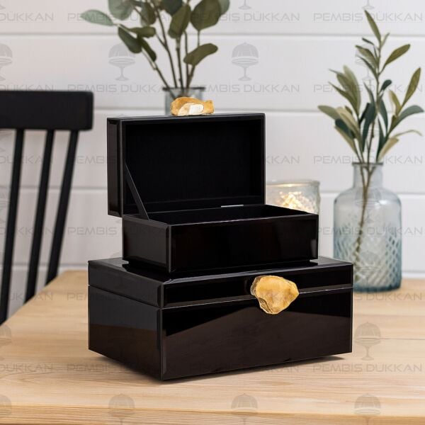 DOĞAL TAŞ KULPLU 2'Lİ MÜCEVHER KUTUSU SİYAH (3768)