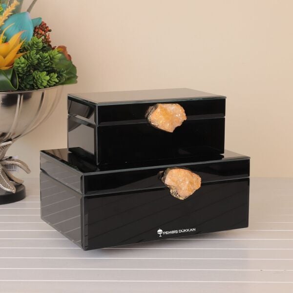 DOĞAL TAŞ KULPLU 2Lİ MÜCEVHER KUTUSU SİYAH (3768)
