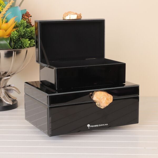 DOĞAL TAŞ KULPLU 2Lİ MÜCEVHER KUTUSU SİYAH (3768)