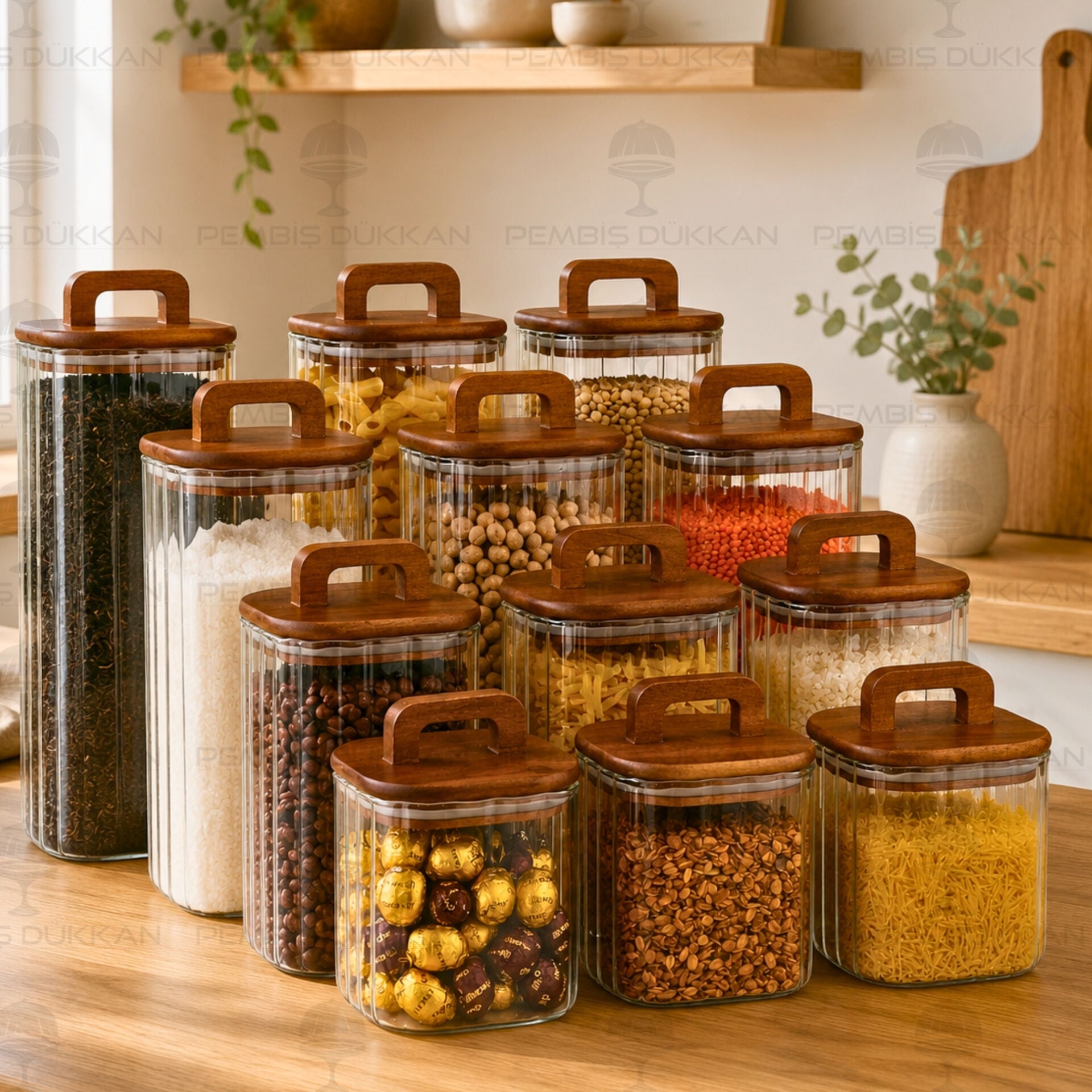12li Emilla Erzak Akasya Kapaklı Kavanoz Set (Bor089-090-091-092)