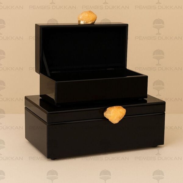 DOĞAL TAŞ KULPLU 2'Lİ MÜCEVHER KUTUSU SİYAH (3768)