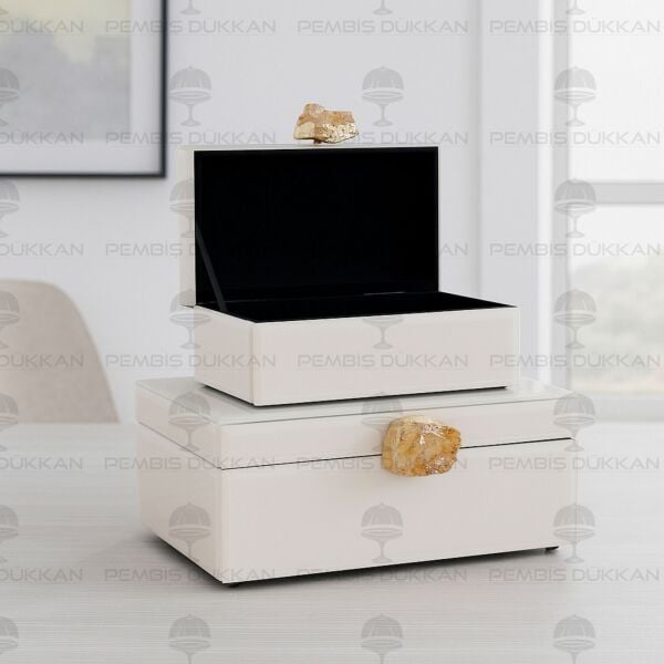 DOĞAL TAŞ KULPLU 2'Lİ MÜCEVHER KUTUSU BEYAZ (3774)