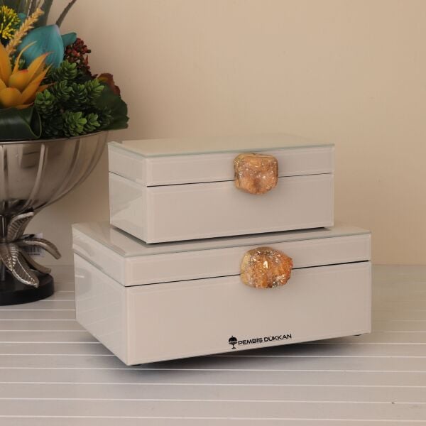 DOĞAL TAŞ KULPLU 2Lİ MÜCEVHER KUTUSU BEYAZ (3774)