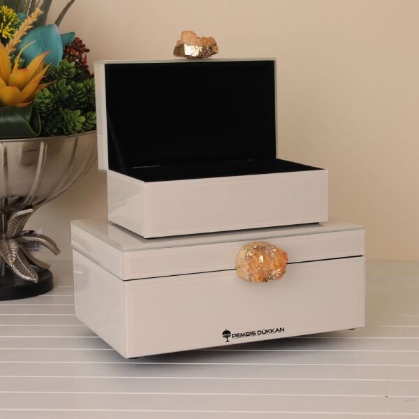 DOĞAL TAŞ KULPLU 2Lİ MÜCEVHER KUTUSU BEYAZ (3774)