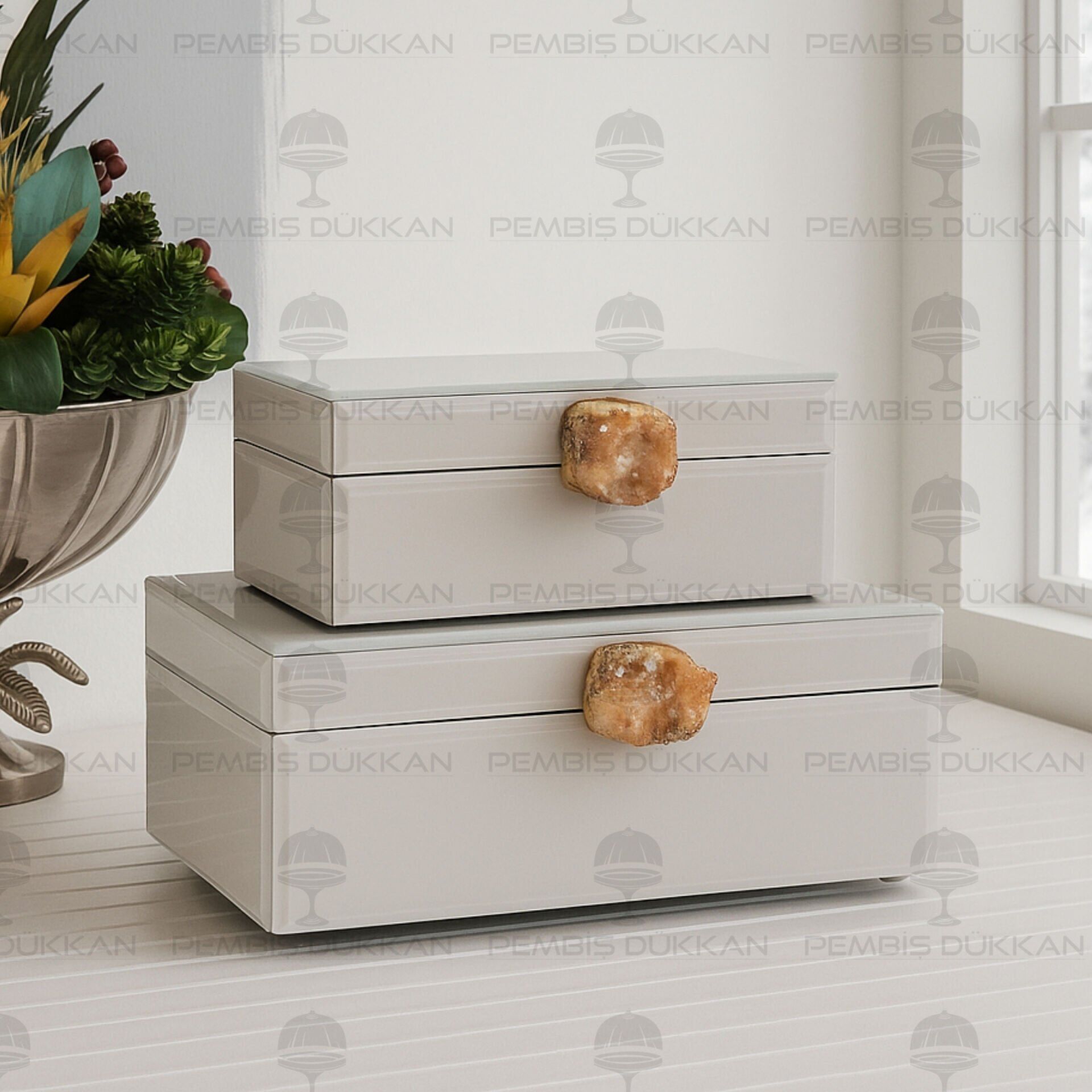 DOĞAL TAŞ KULPLU 2Lİ MÜCEVHER KUTUSU BEYAZ (3774)