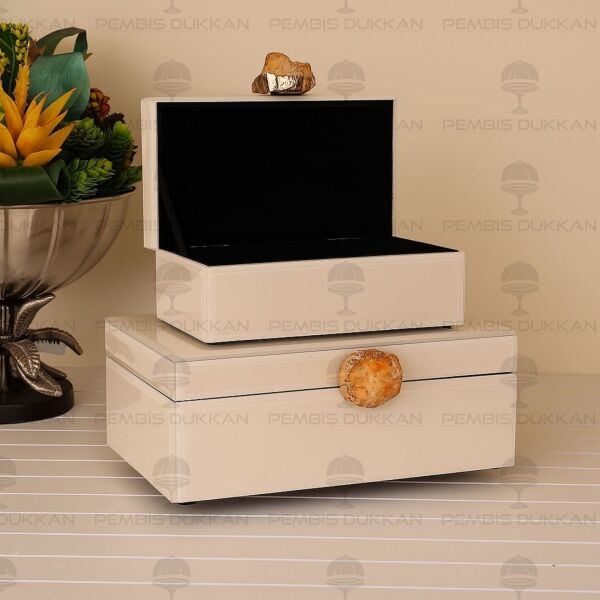 DOĞAL TAŞ KULPLU 2'Lİ MÜCEVHER KUTUSU BEYAZ (3774)