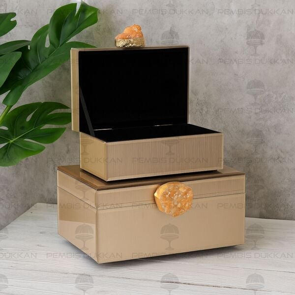 DOĞAL TAŞ KULPLU 2'Lİ MÜCEVHER KUTUSU VİZON (3770)