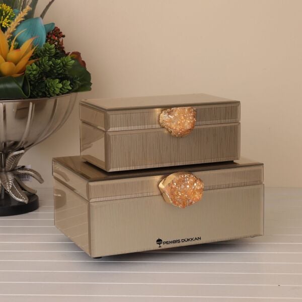 DOĞAL TAŞ KULPLU 2'Lİ MÜCEVHER KUTUSU VİZON (3770)